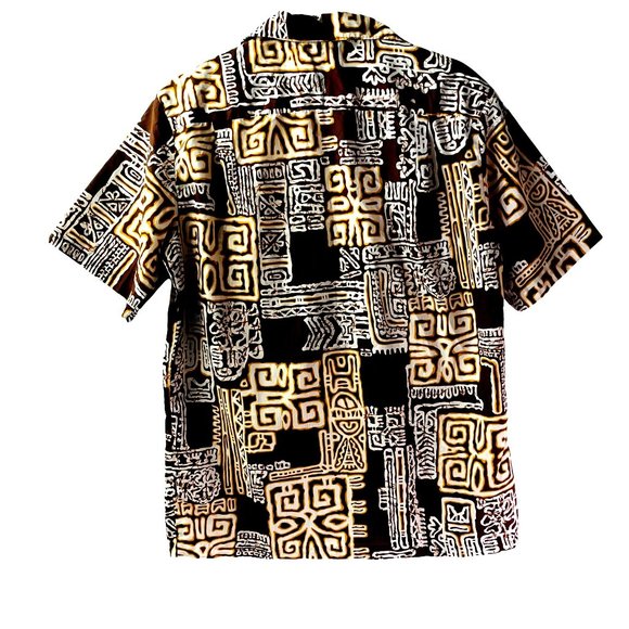 Vintage Malihini Hawaii Men's Hawaiian Shirt Tiki Aloha Pattern Brown Gold - Picture 2 of 7